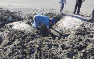 Al retirarse las aguas han dejado al descubierto parte de un ala.